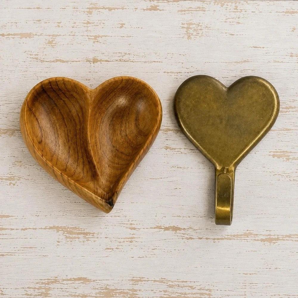 Vintage Brass Heart Wall Hook & Miniature Carved Wood Dish Unique Gift Set